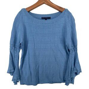 White House Black Market Womens Sweater Sz XL Blue Flutter Slv Boho Hippie Retro